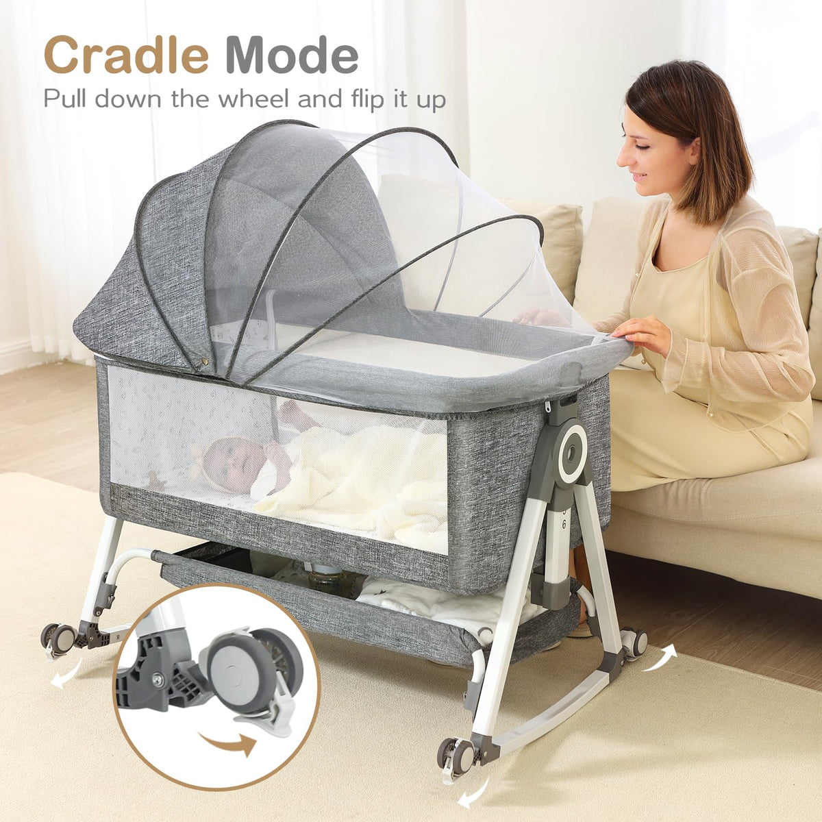 Portable Bedside Bassinet with Waterproof Mattress, Grey D877