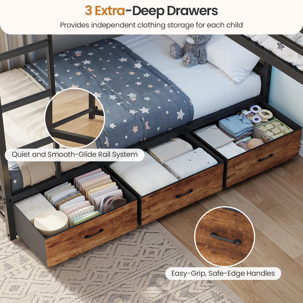 Black Twin Over Twin Triple Bunk Bed with 9 Storage Drawers J4331