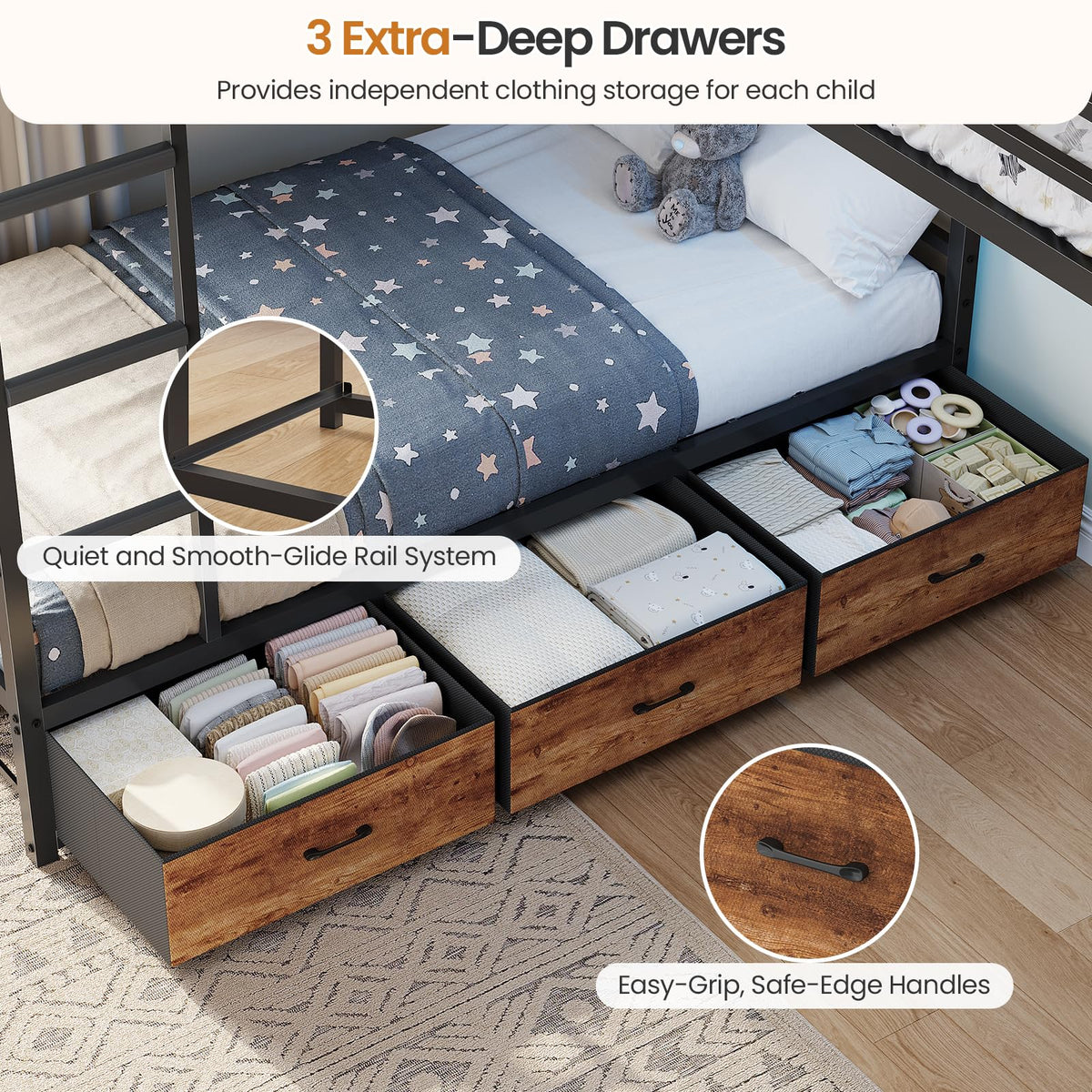 Black Twin Over Twin Triple Bunk Bed with 9 Storage Drawers J4331