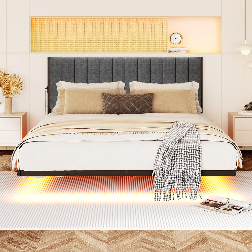 Full Size Metal Platform Bed Frame with LED Lights and Charging Port M62115