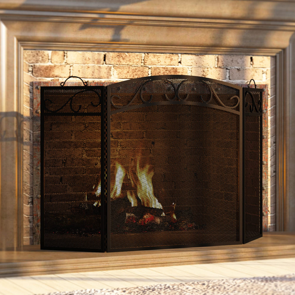Black 3 Panel Wrought Iron Fireplace Screen B6484