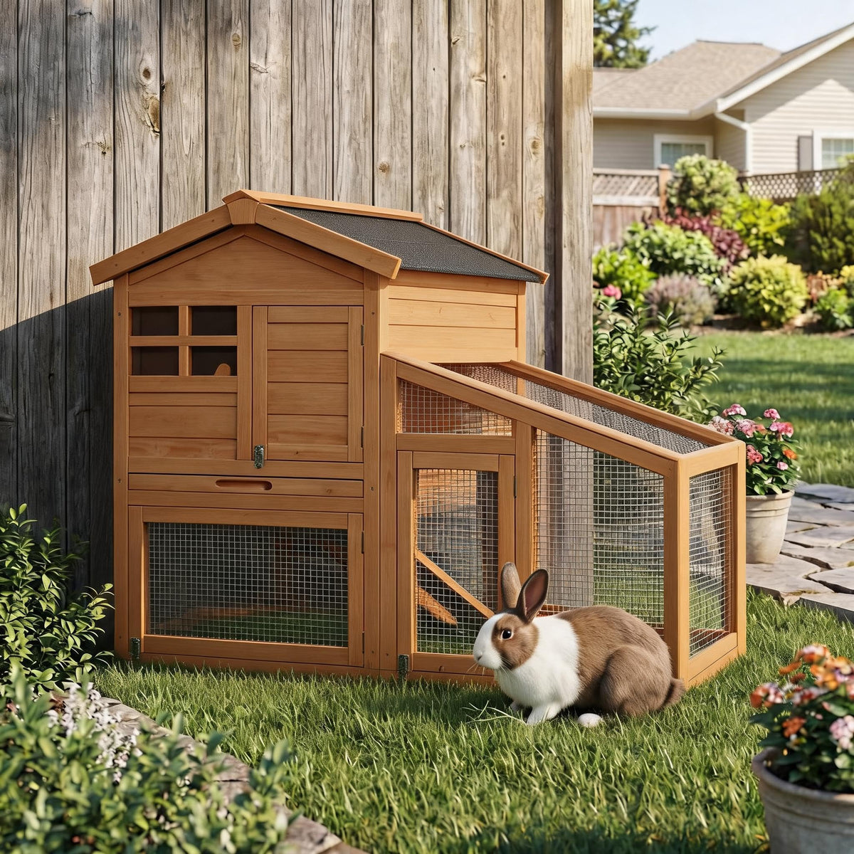 2-Story Wooden Rabbit Hutch with Run M250592