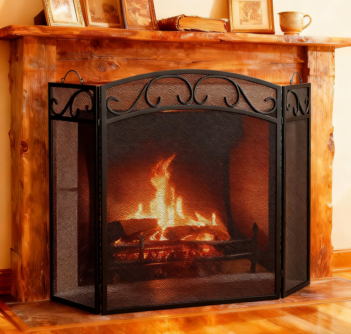 Black 3 Panel Wrought Iron Fireplace Screen B6484