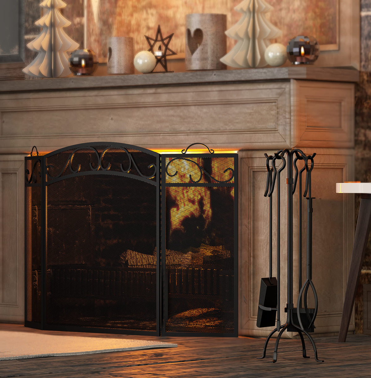 Black 3 Panel Wrought Iron Fireplace Screen B6484