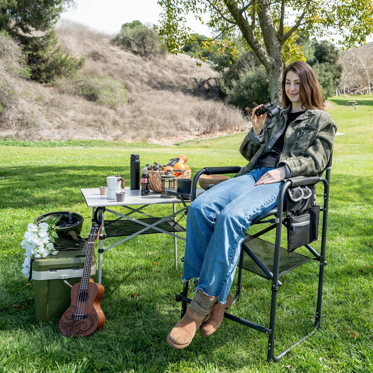 Tall Portable Folding Camping Chair with Side Table and Footrest F128509