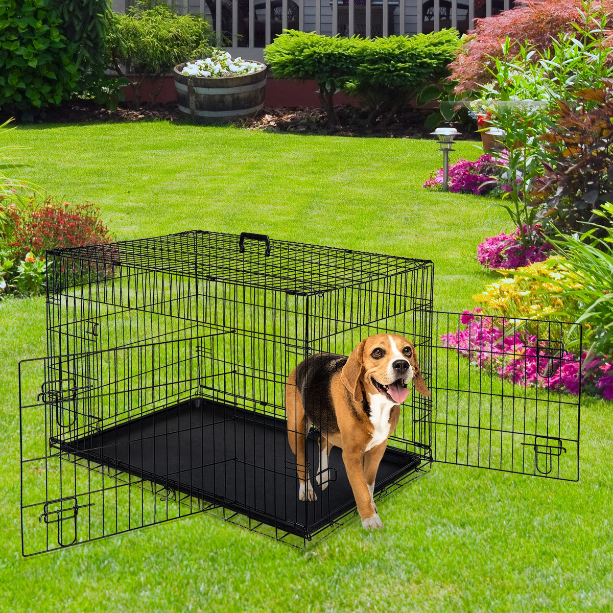 42 Inch Folding Metal Dog Crate with Tray and Handle X52154