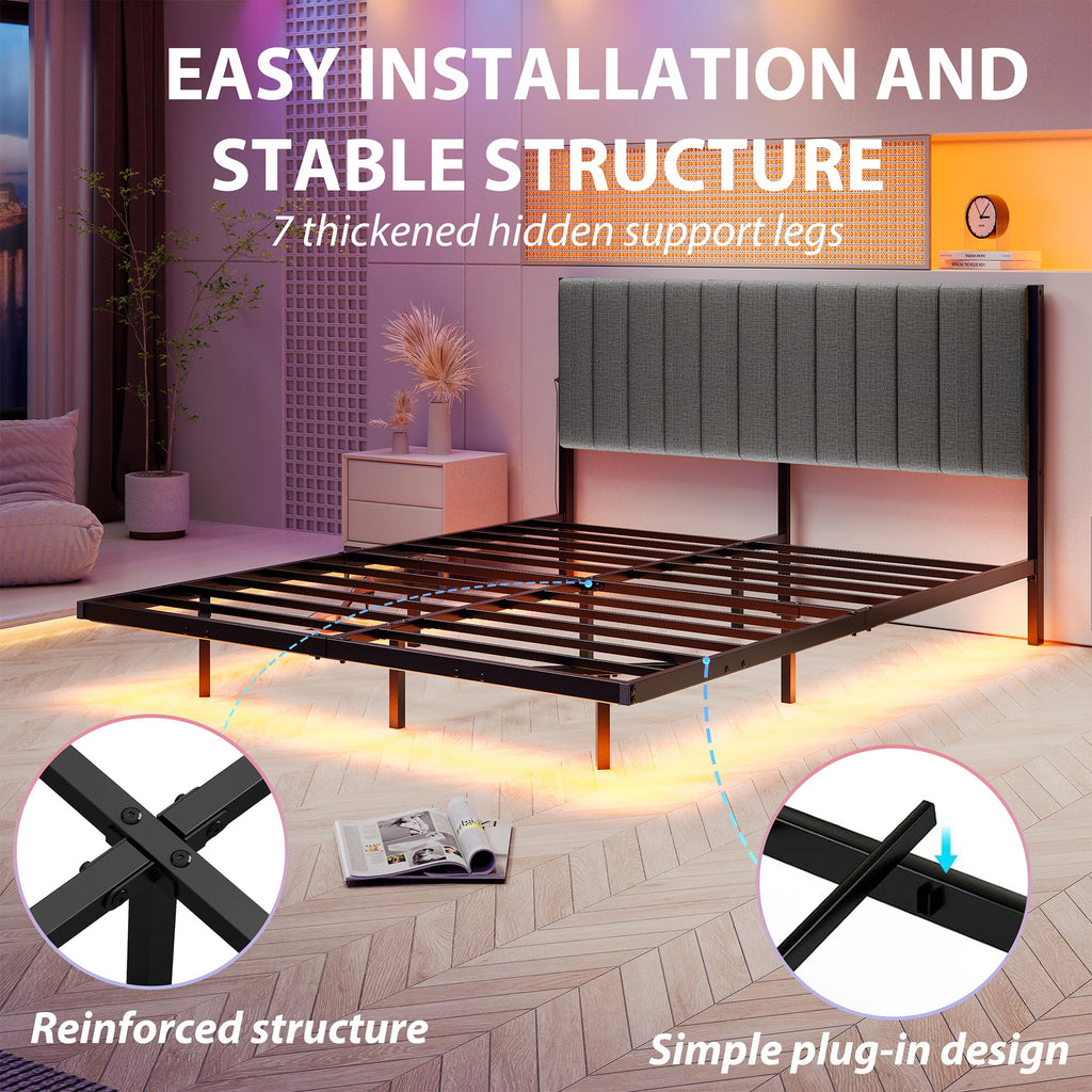 Full Size Metal Platform Bed Frame with LED Lights and Charging Port M62115
