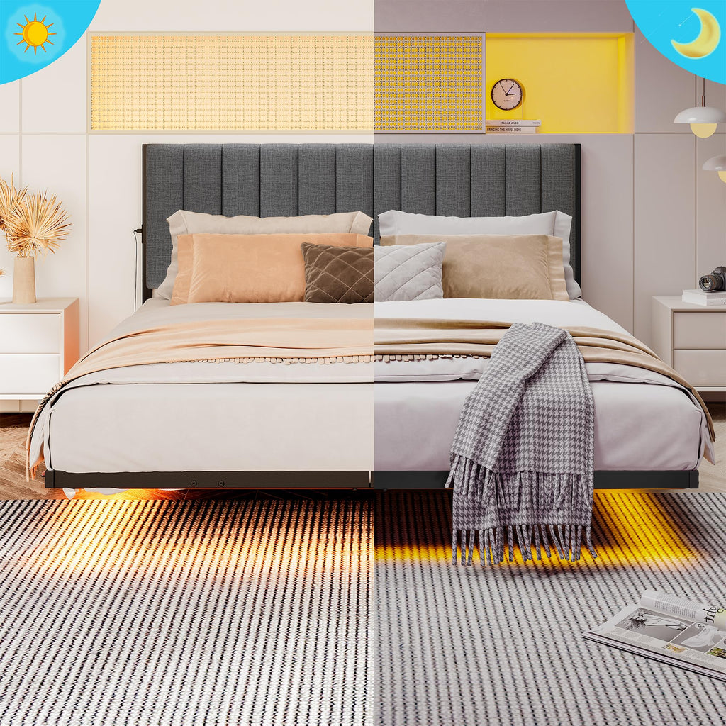 Full Size Metal Platform Bed Frame with LED Lights and Charging Port M62115