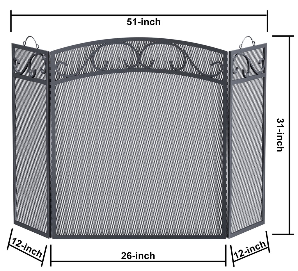 Black 3 Panel Wrought Iron Fireplace Screen B6484
