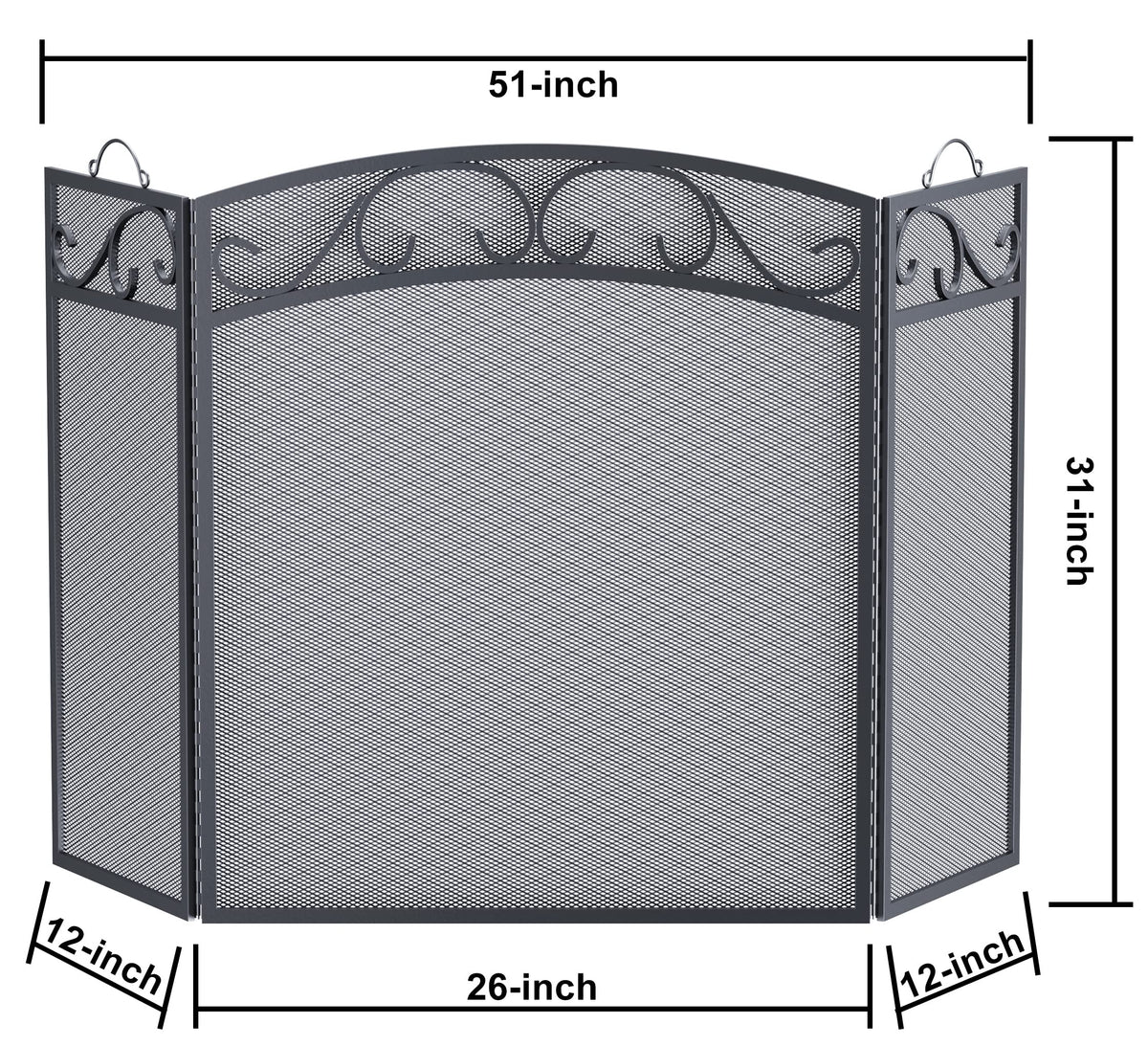 Black 3 Panel Wrought Iron Fireplace Screen B6484