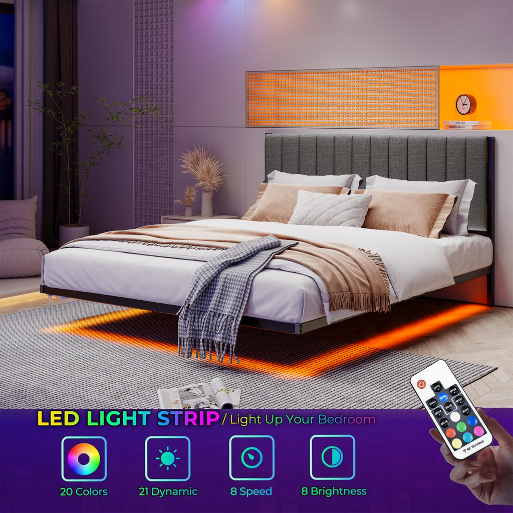 Full Size Metal Platform Bed Frame with LED Lights and Charging Port M62115
